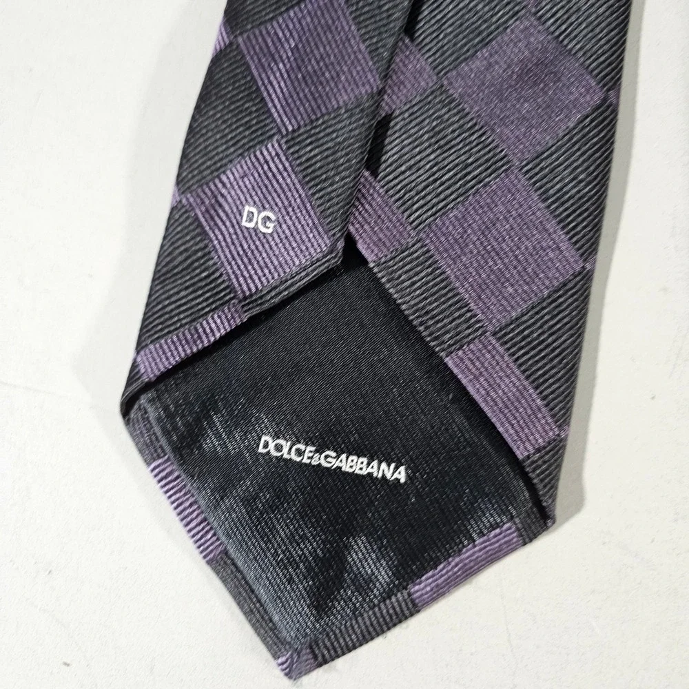 Dolce & Gabbana Tie Mens OS Purple Black Checkered Silk Made in Italy DG Logo